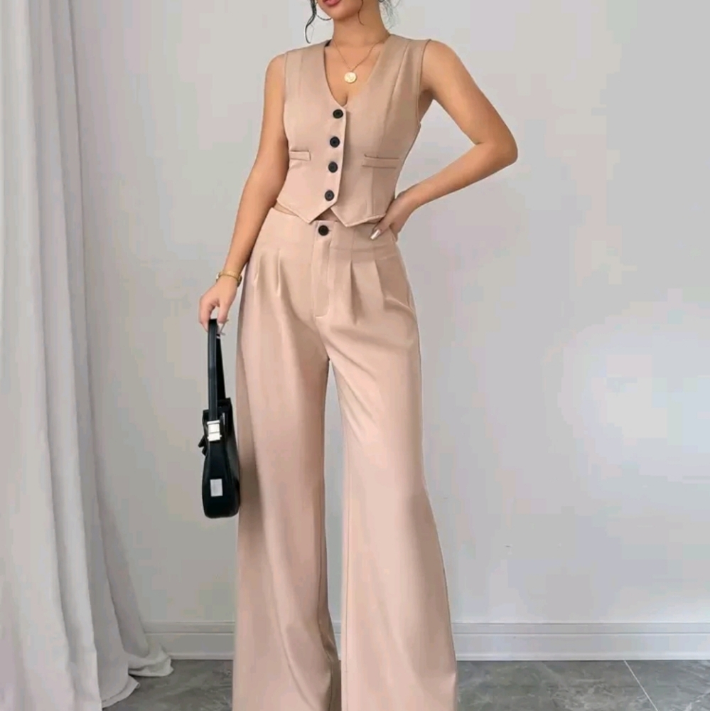 Women's Button-Up Sleeveless Blazer Top And Straight Leg Casual Pants Set - Picture 5 of 6